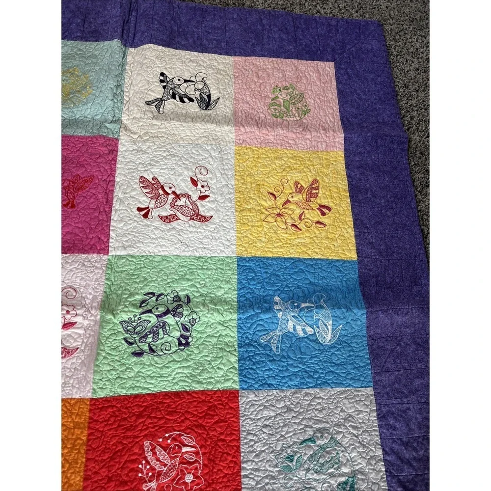 handmade embroidered vintage quilt throw blanket Hummingbirds 53.5